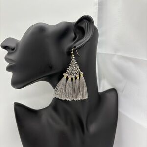 WOMEN’S Grey and Gold Metallic Bead Tassel Fringe Earrings